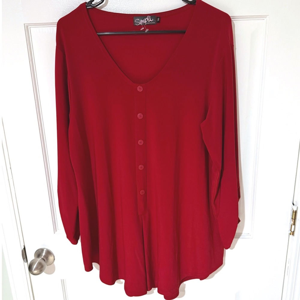 Sympli Canada Red Matte Jersey Button Front Tunic Top Size 16 V-Neck Long Sleeve